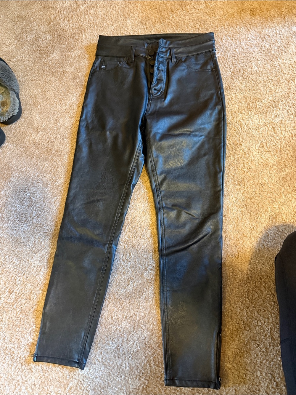 KanCan Black Faux Leather Skinny Jeans with Button Fly Detail